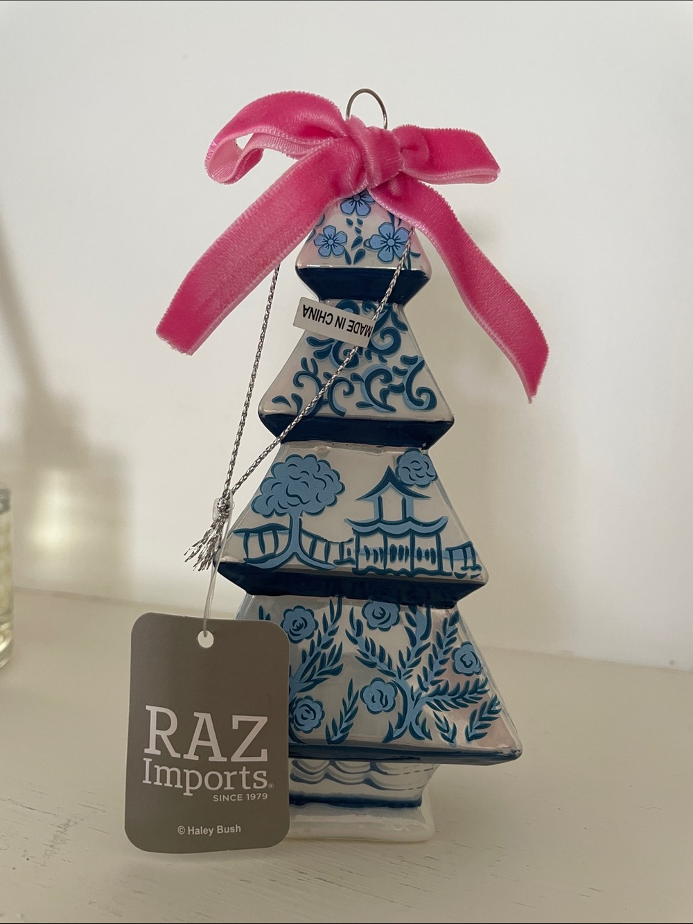 RAZ Imports Blue & White Porcelain Tree Ornament with Pink Bow